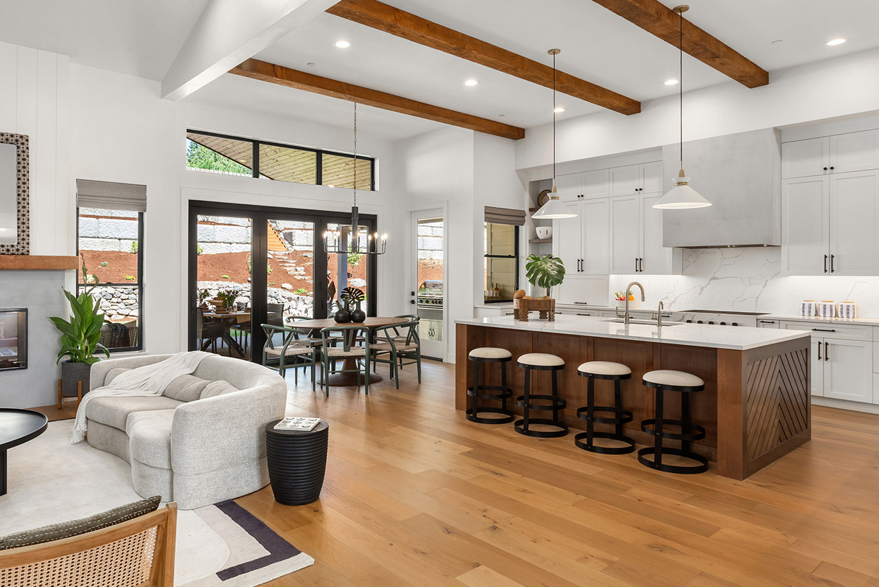 kitchen and living room in newly constructed luxury home